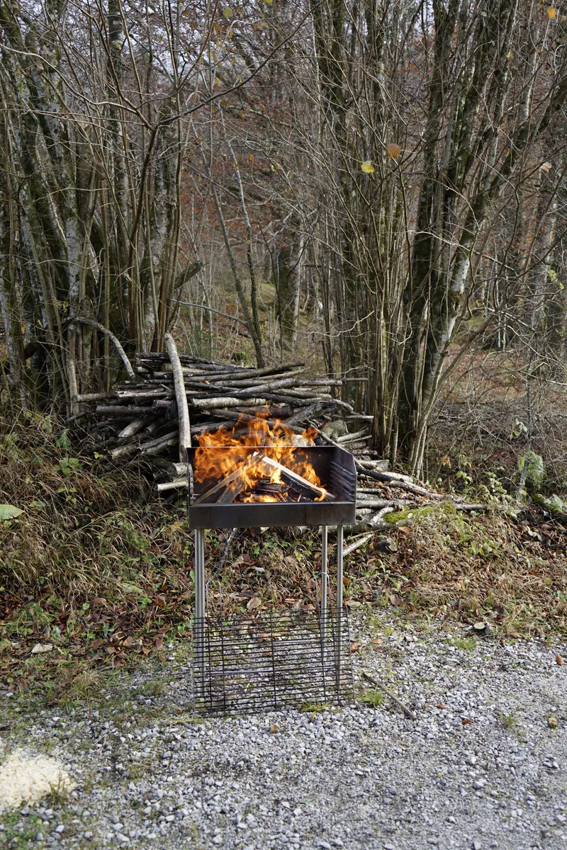 Feuerstelle mit brennendem Holz vor einem Stapel Brennholz im Wald