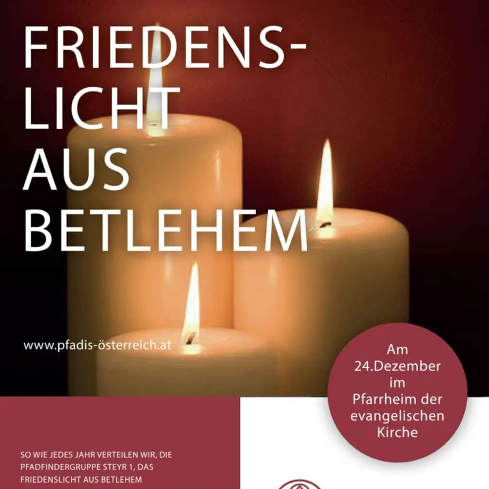 Plakat „Friedenslicht aus Betlehem“ mit brennenden Kerzen vor dunkelrotem Hintergrund